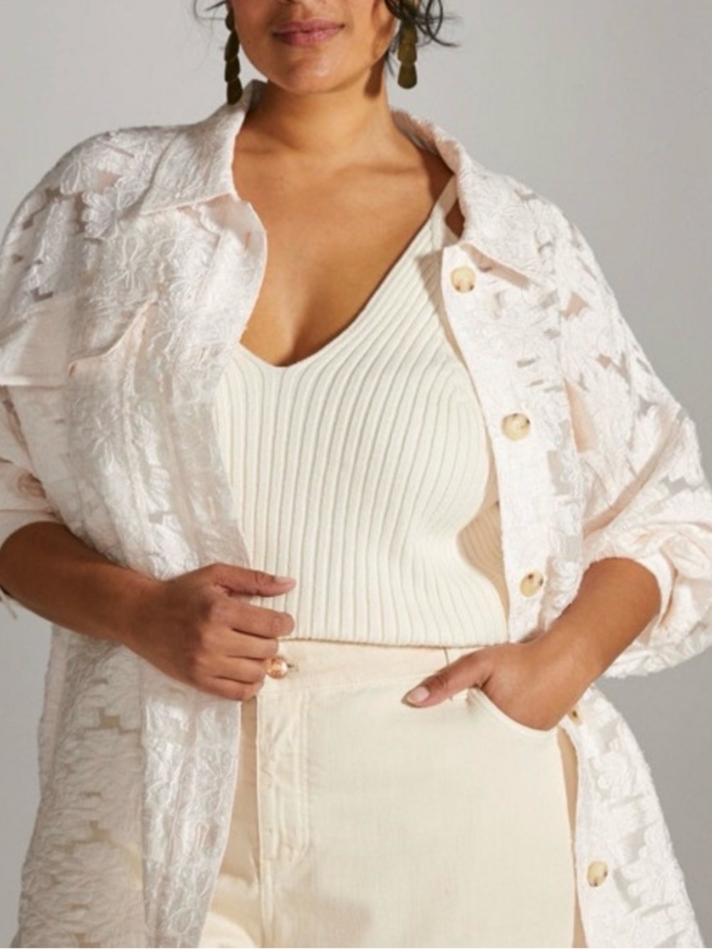 Anthropologie Maeve Cream floral lace button down shacket (Bin A2-069)